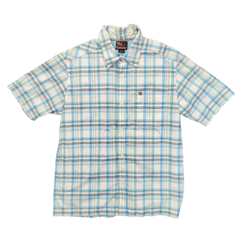 Quiksilver‎ Mens Small Blue White Plaid Short Sleeve Button Down Surf Shirt